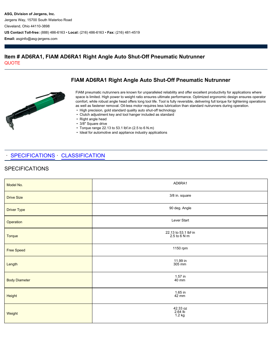 ASG Jergens AD6RA1 User Manual | 2 pages