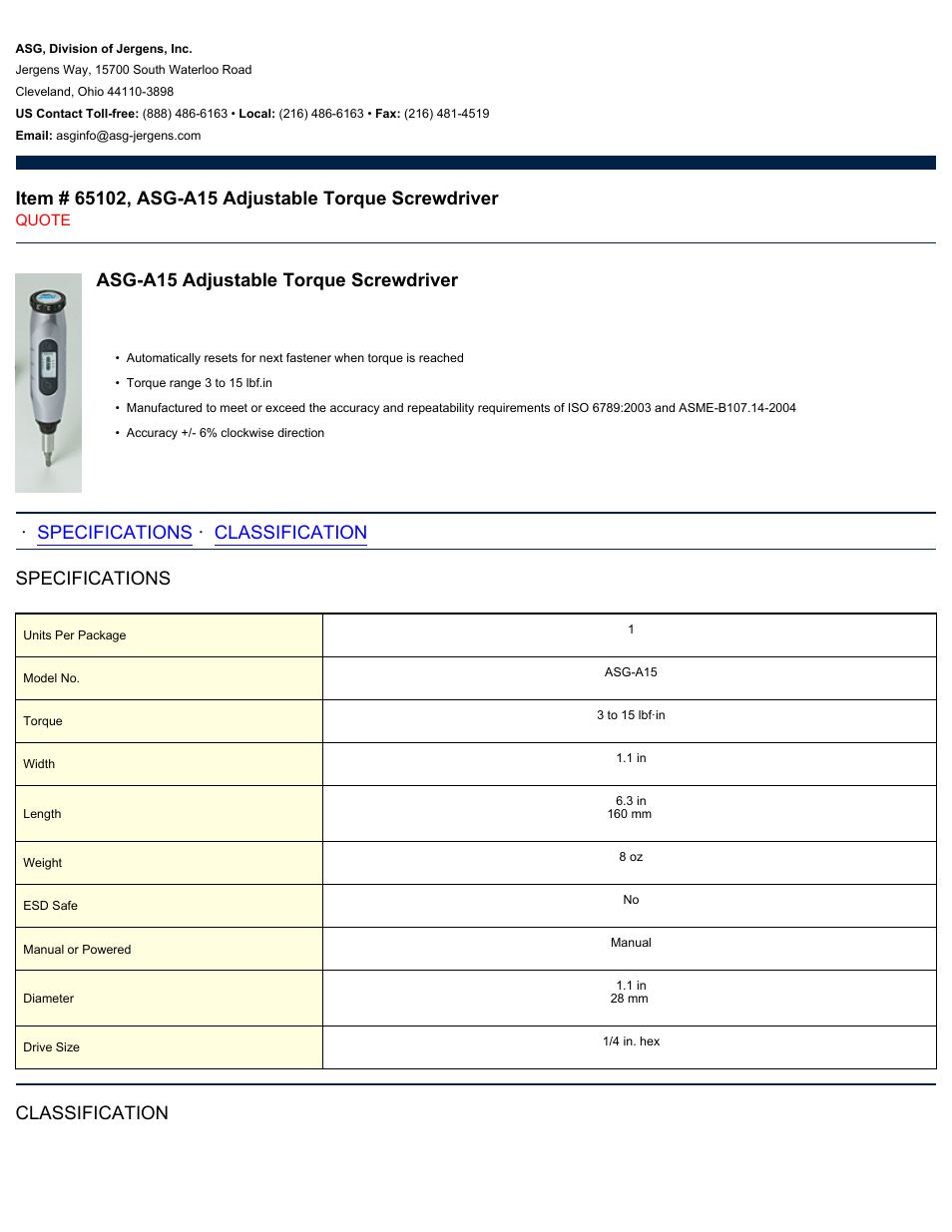 ASG Jergens 65102 ASG-A15 User Manual | 2 pages