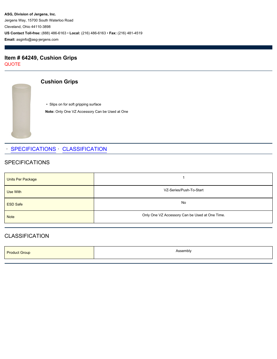 ASG Jergens 64249 Cushion Grips User Manual | 1 page