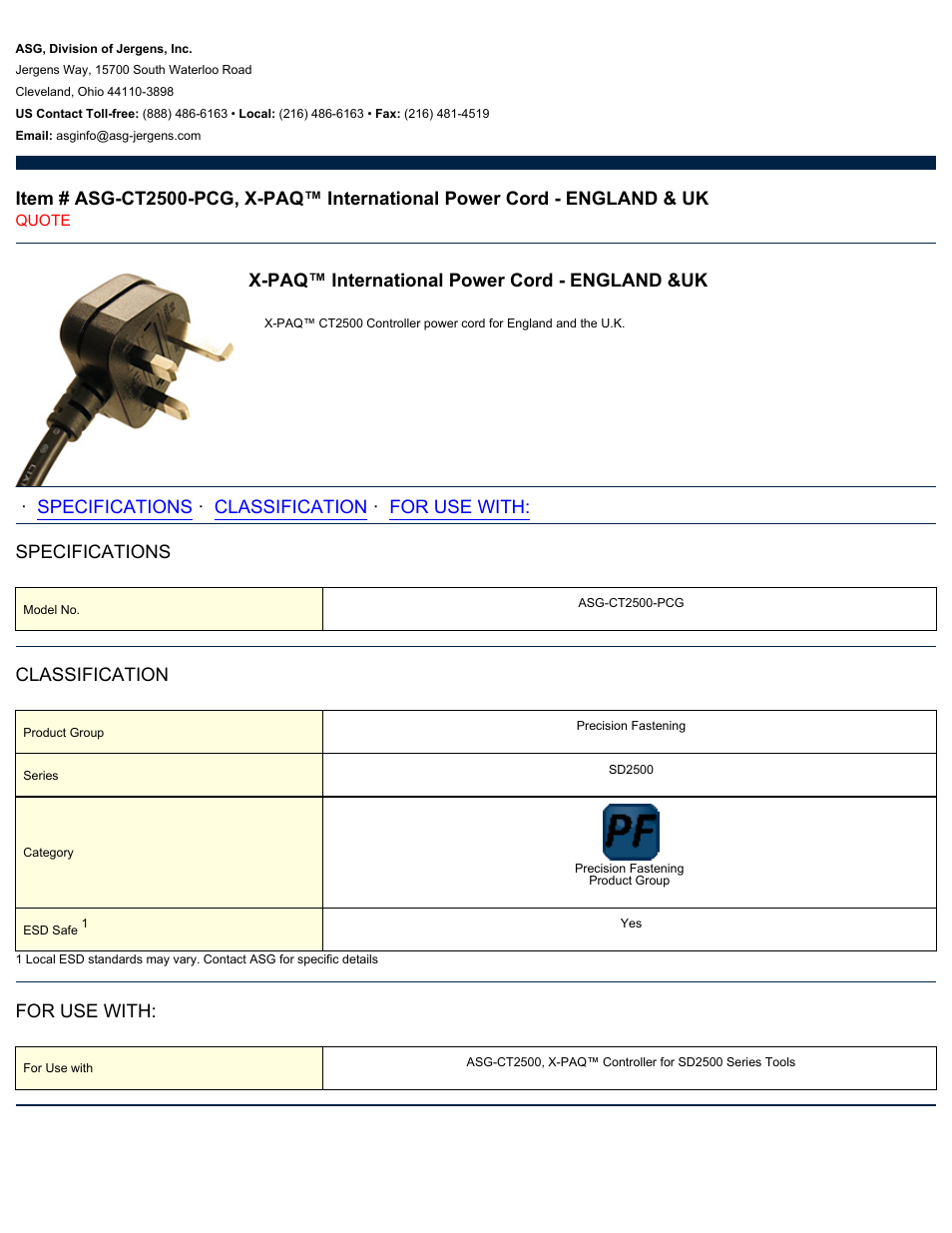 ASG Jergens ASG-CT2500-PCG Power Cord - ENGLAND & UK User Manual | 1 page