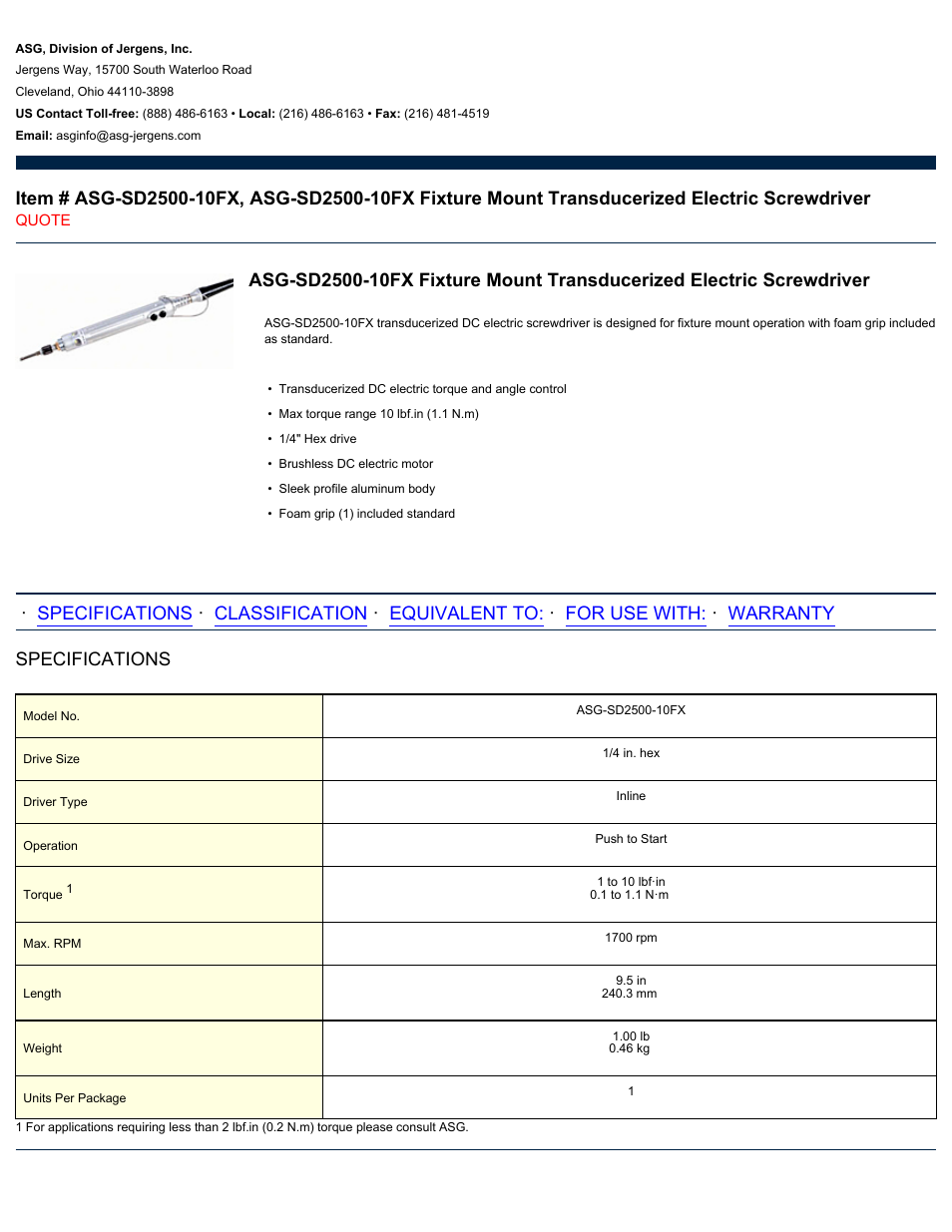 ASG Jergens ASG-SD2500-10FX User Manual | 2 pages