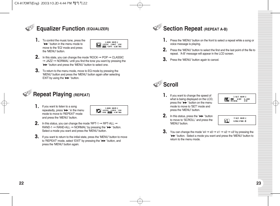Repeat playing, Equalizer function, Scroll | BoomGear MP-700 User Manual | Page 13 / 18