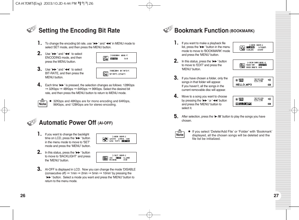 Automatic power off, Bookmark function, Setting the encoding bit rate | BoomGear MP-700 User Manual | Page 15 / 18