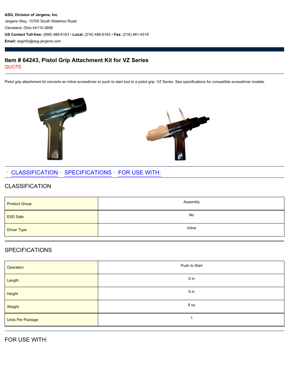 ASG Jergens 64243 Pistol Grip Attachment Kit for VZ Series User Manual | 2 pages