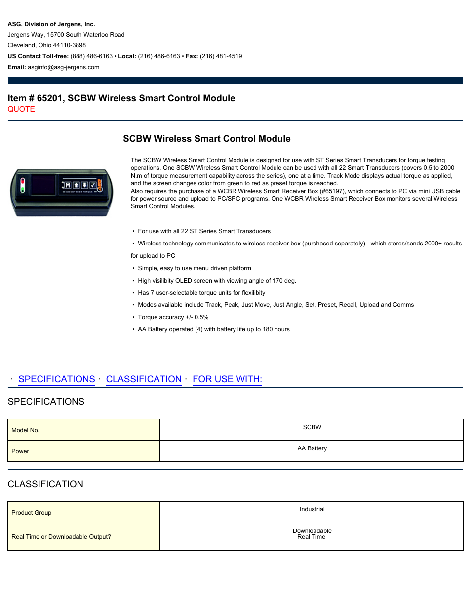 ASG Jergens 65201 SCBW Wireless Smart Control Module User Manual | 2 pages