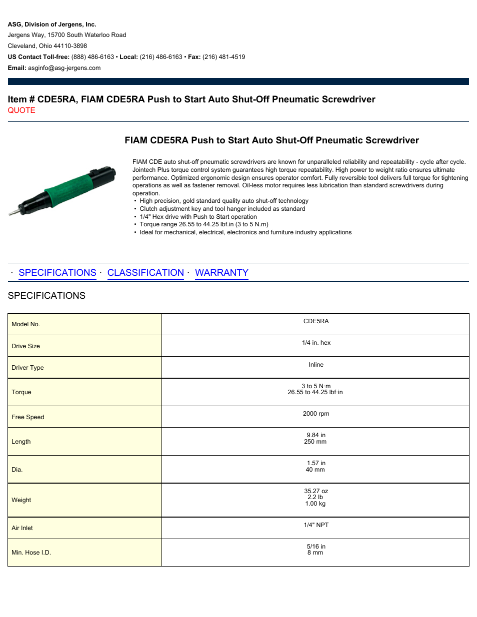 ASG Jergens CDE5RA User Manual | 2 pages