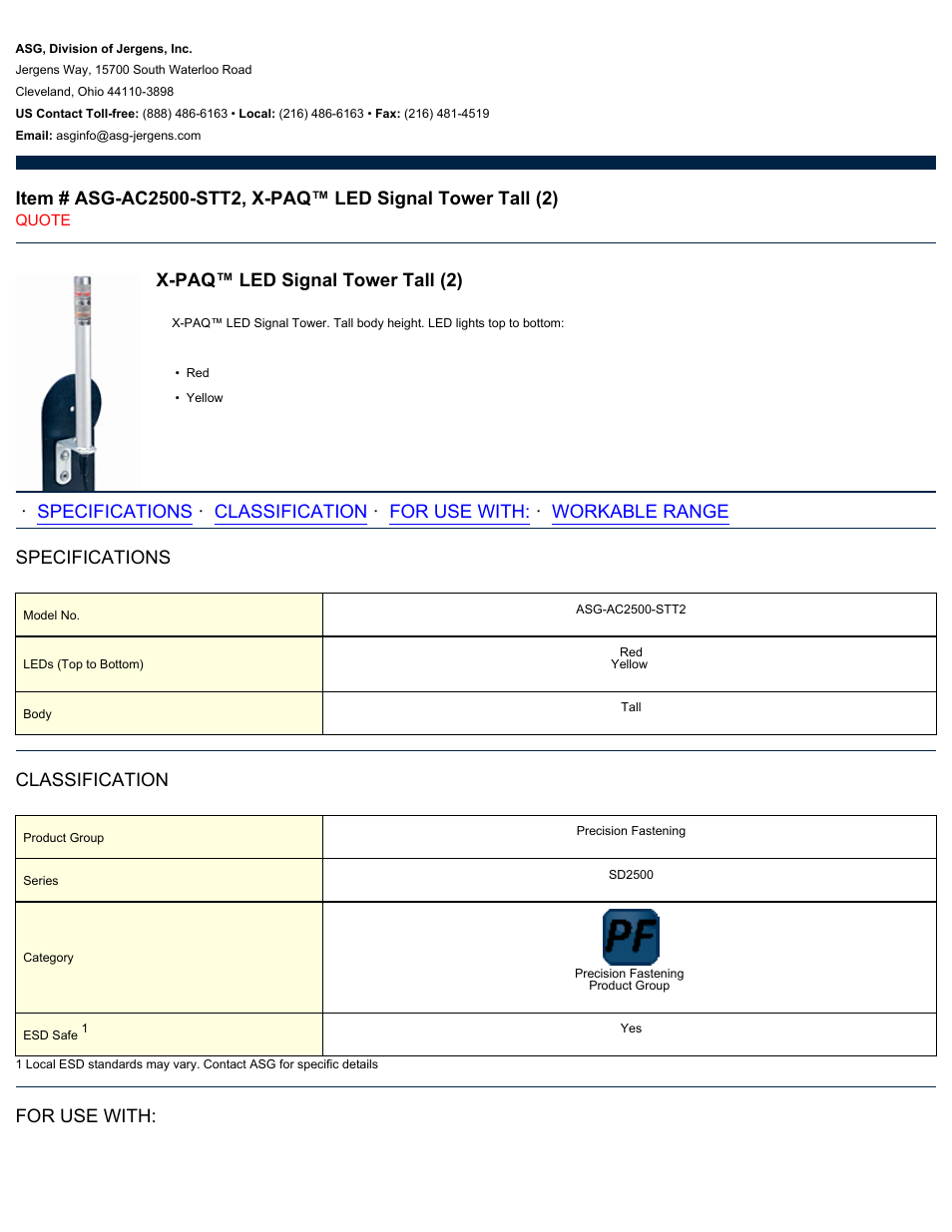 ASG Jergens ASG-AC2500-STT2 LED Signal Tower Tall User Manual | 2 pages