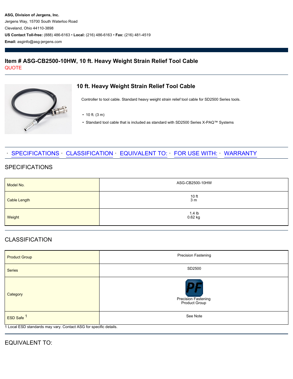 ASG Jergens ASG-CB2500-10HW Tool Cable User Manual | 2 pages