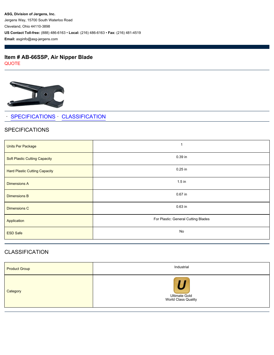 ASG Jergens AB-66SSP Air Nipper Blade User Manual | 1 page