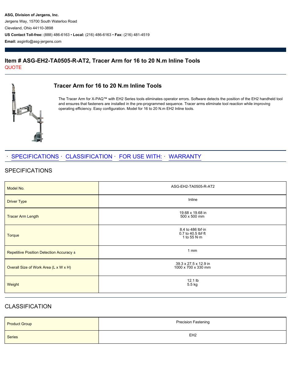 ASG Jergens ASG-EH2-TA0505-R-AT2 Tracer Arm for 16 to 20 N.m Inline Tools User Manual | 2 pages