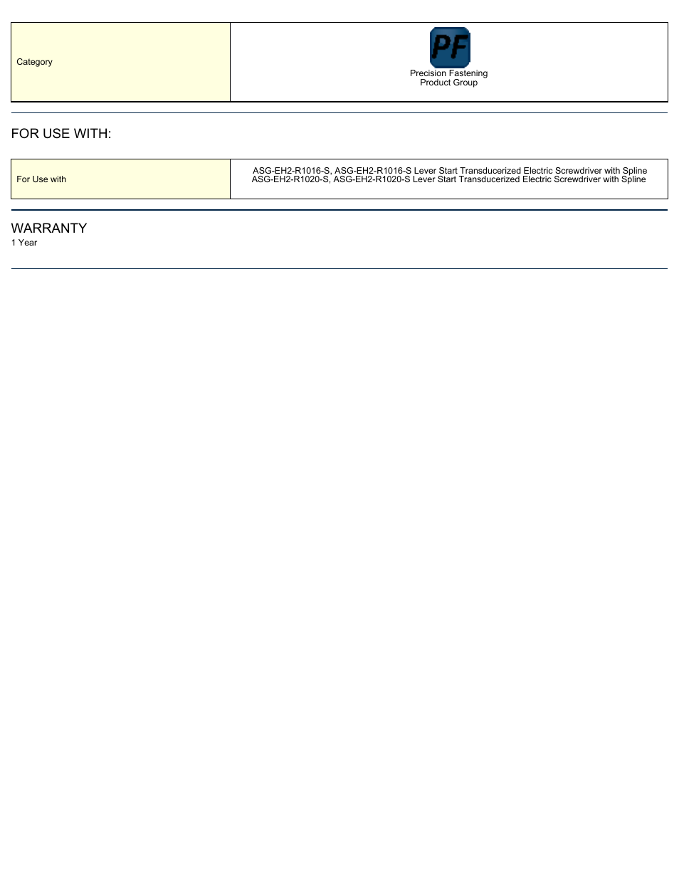 For use with, Warranty | ASG Jergens ASG-EH2-TA0505-R-AT2 Tracer Arm for 16 to 20 N.m Inline Tools User Manual | Page 2 / 2