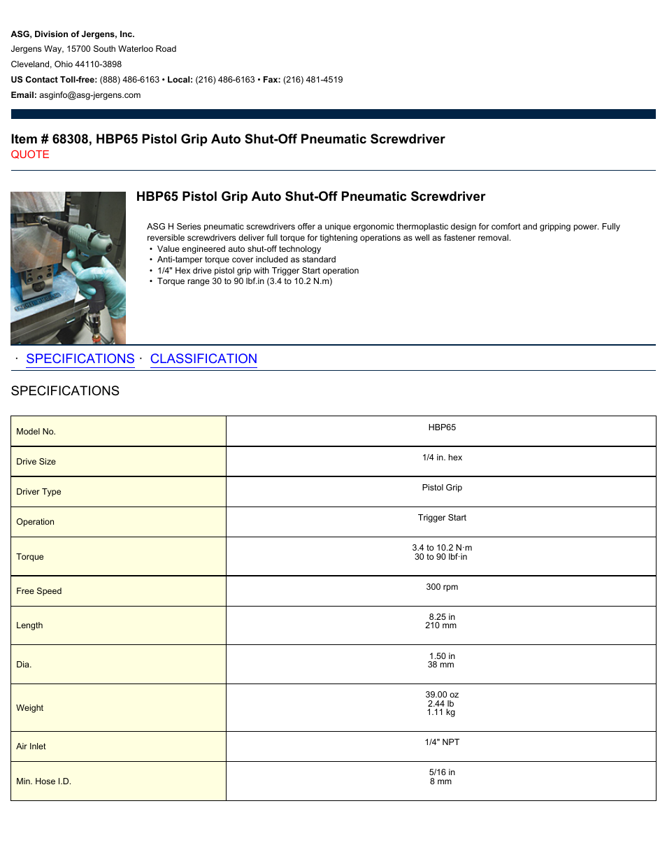 ASG Jergens 68308 HBP65 User Manual | 2 pages