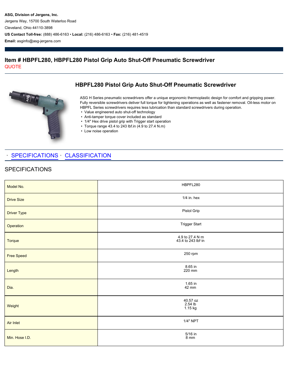 ASG Jergens HBPFL280 User Manual | 2 pages