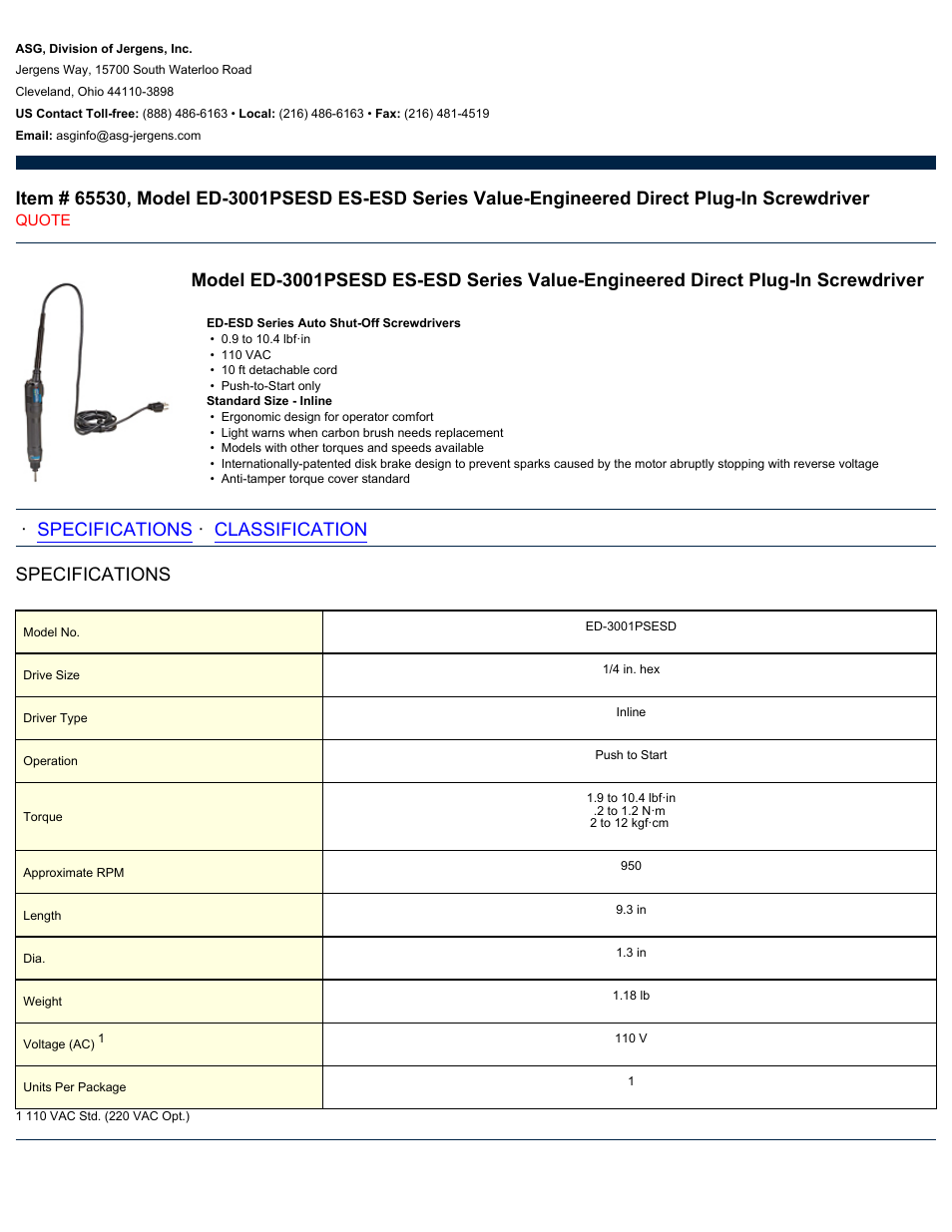 ASG Jergens 65530 ED-3001PSESD User Manual | 2 pages