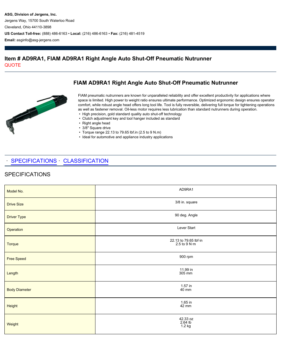 ASG Jergens AD9RA1 User Manual | 2 pages