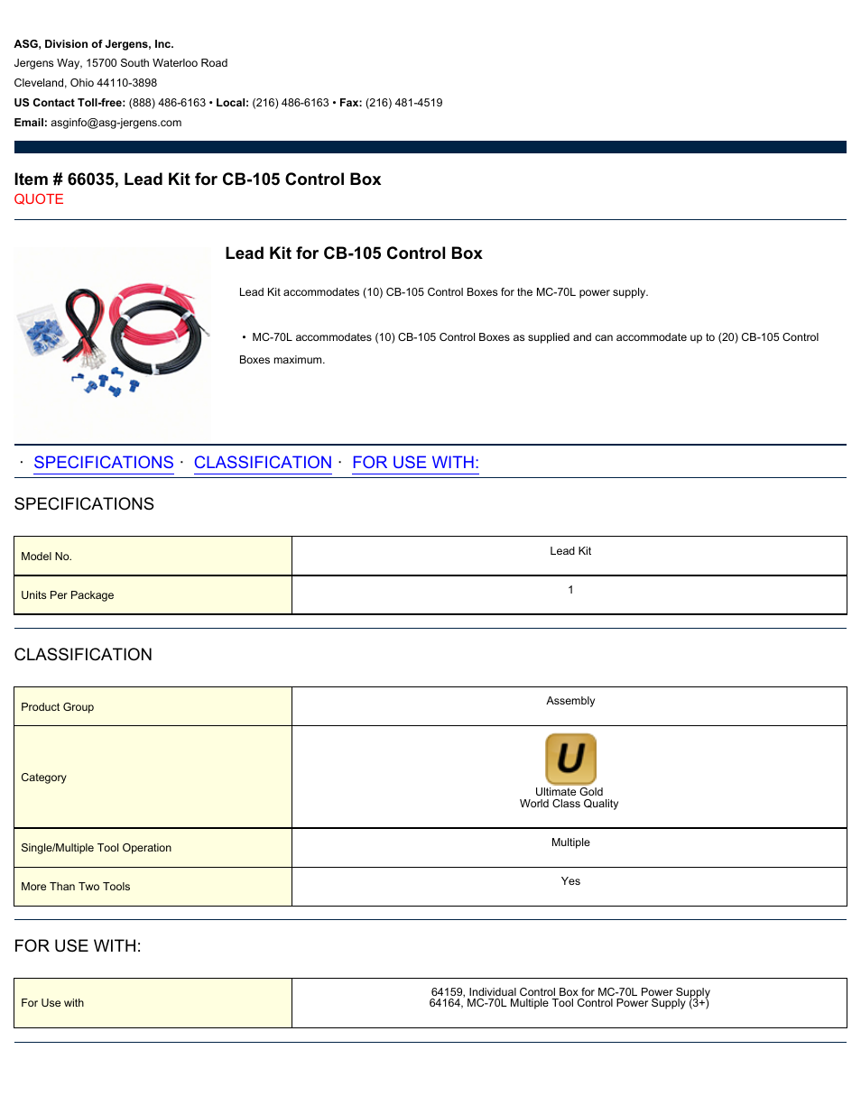 ASG Jergens 66035 MC-70L Lead Kit for CB-105 Control Box User Manual | 1 page