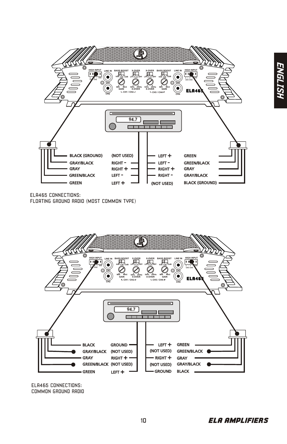 En gl is h, Ela amplifiers, Ela465 connections: common ground radio | Bazooka ELA265 User Manual | Page 11 / 60