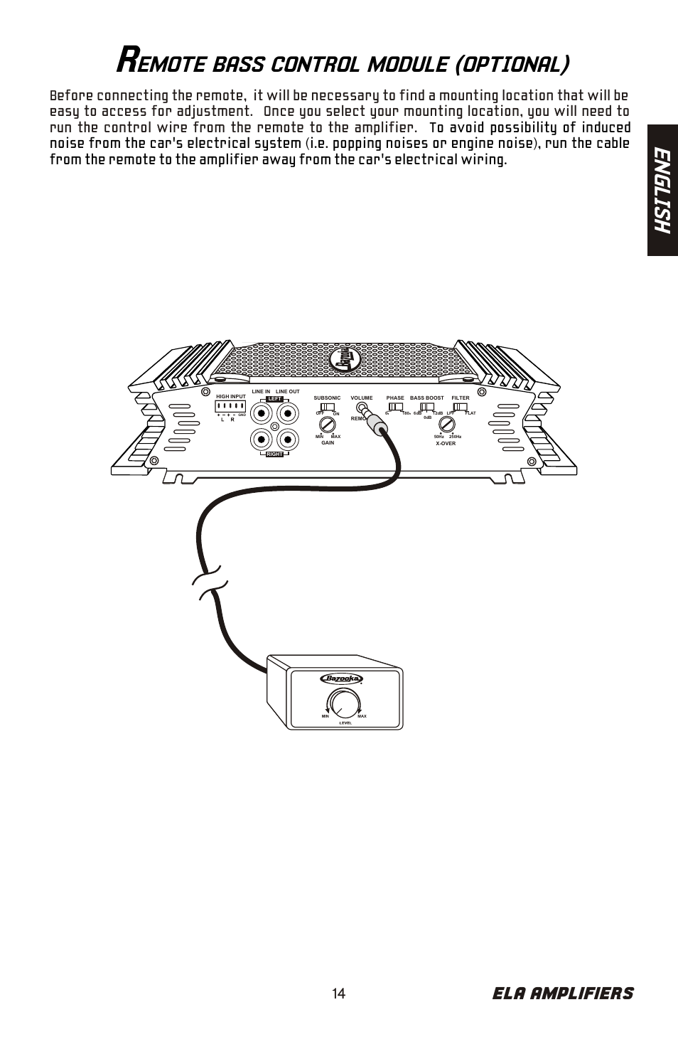 Emote bass control module (optional), En gl is h, Ela amplifiers | Bazooka ELA265 User Manual | Page 15 / 60