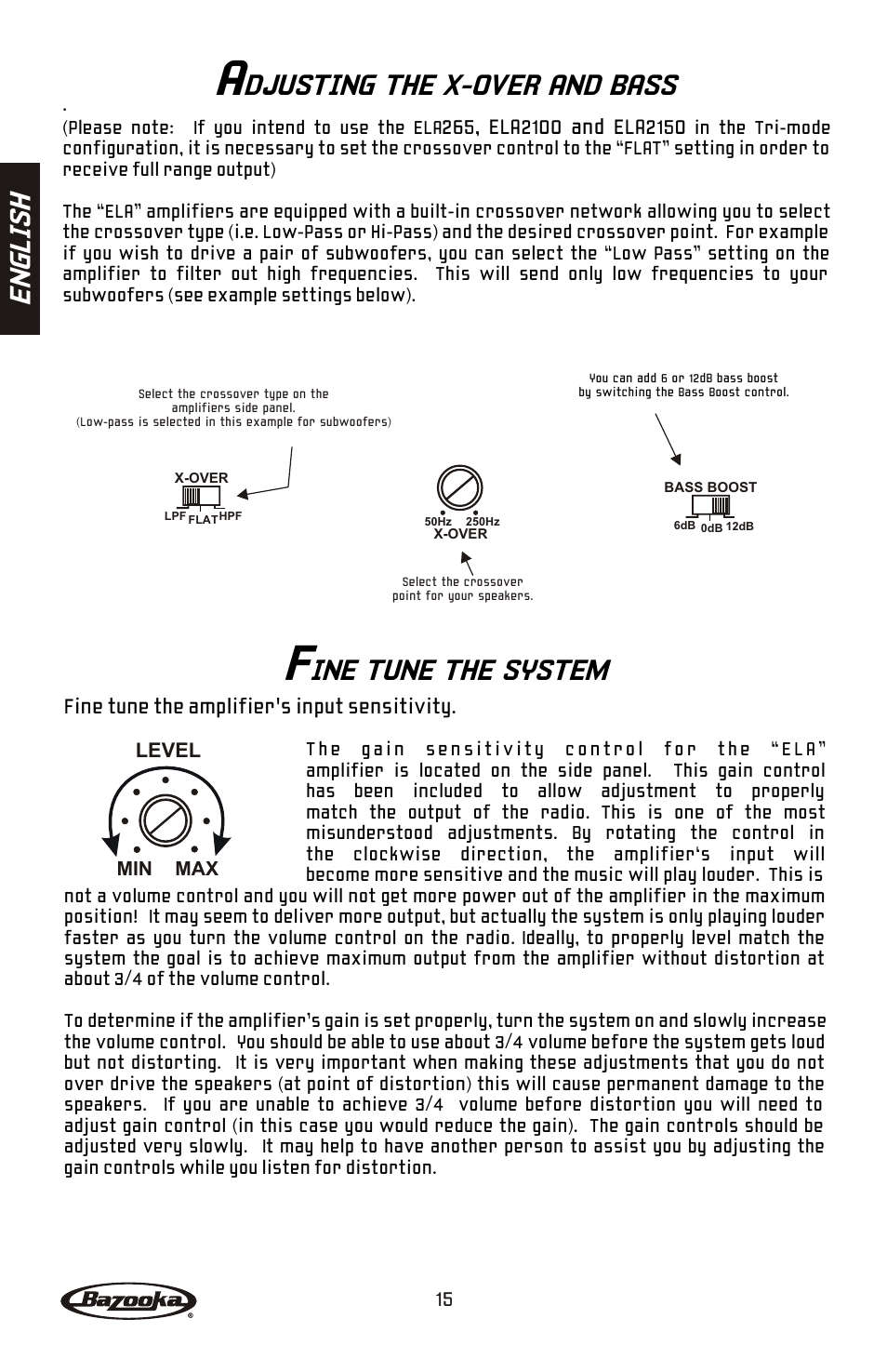 Djusting the x-over and bass, Ine tune the system, En gl is h | Bazooka ELA265 User Manual | Page 16 / 60