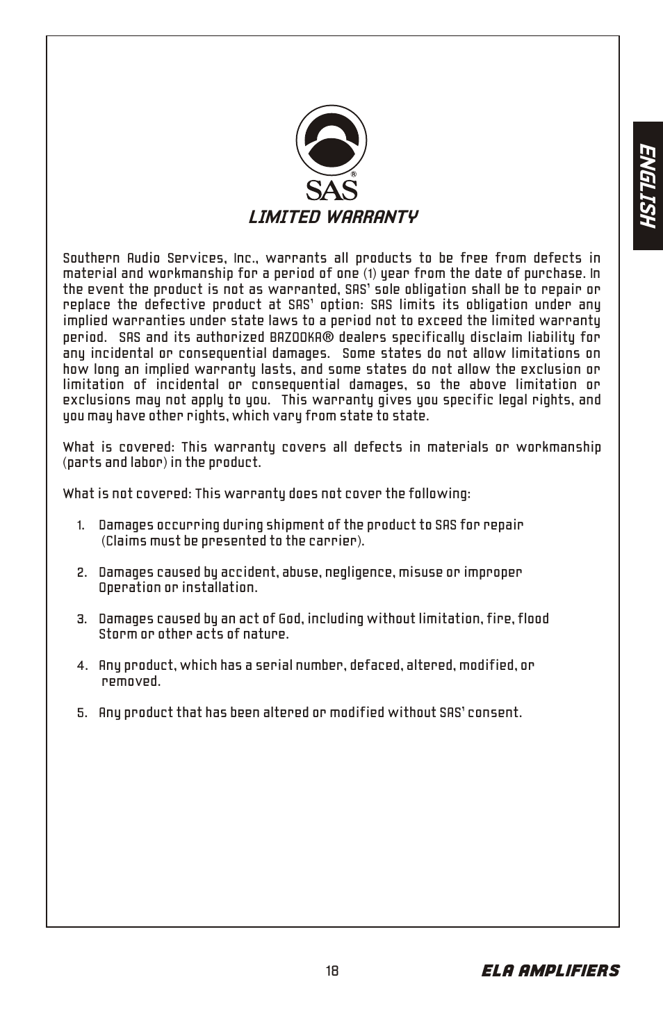 En gl is h, Limited warranty | Bazooka ELA265 User Manual | Page 19 / 60