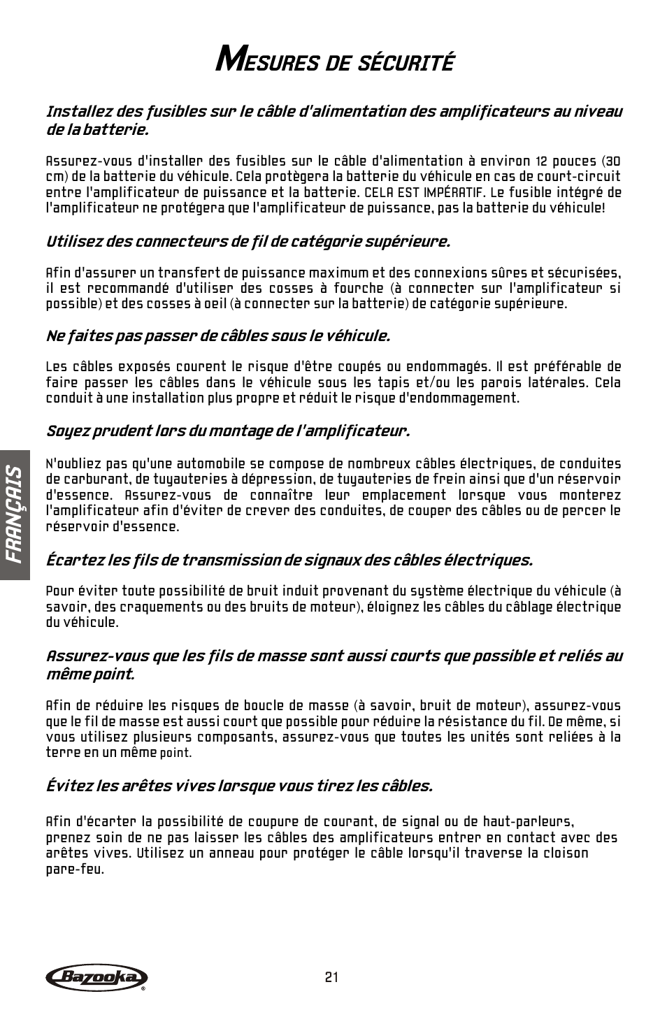 Esures de sécurité, Fr an ç ai s | Bazooka ELA265 User Manual | Page 22 / 60