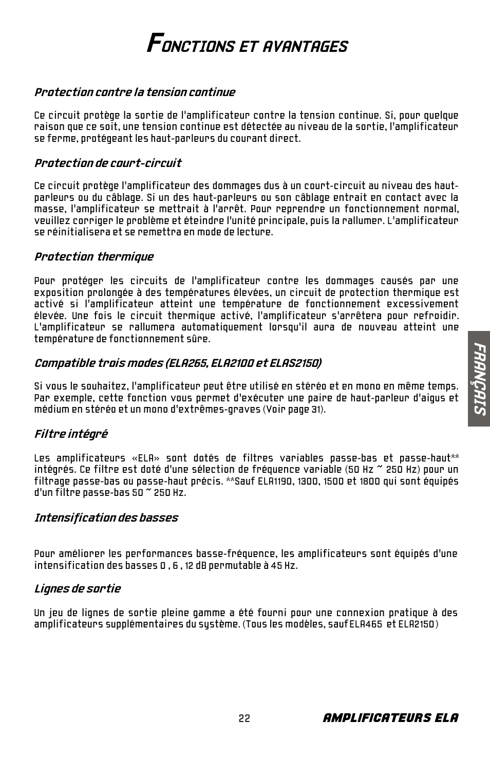 Onctions et avantages, Fr an ç ai s | Bazooka ELA265 User Manual | Page 23 / 60