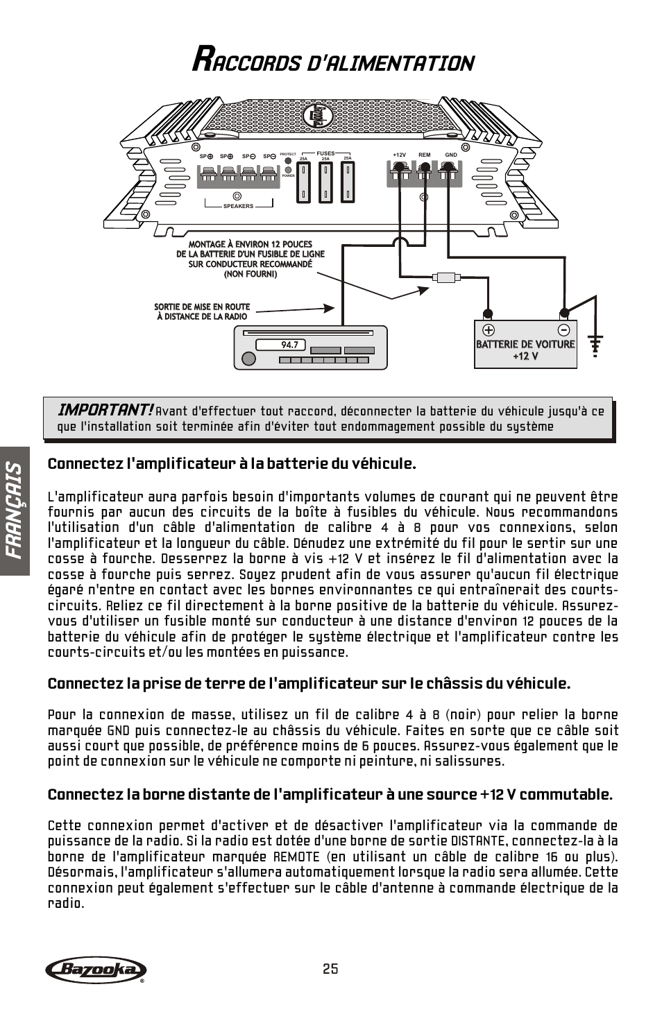 Accords d'alimentation, Fr an ç ai s, Important | Bazooka ELA265 User Manual | Page 26 / 60