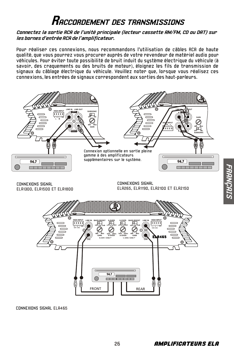 Accordement des transmissions, Fr an ç ai s, Amplificateurs ela | Front rear | Bazooka ELA265 User Manual | Page 27 / 60