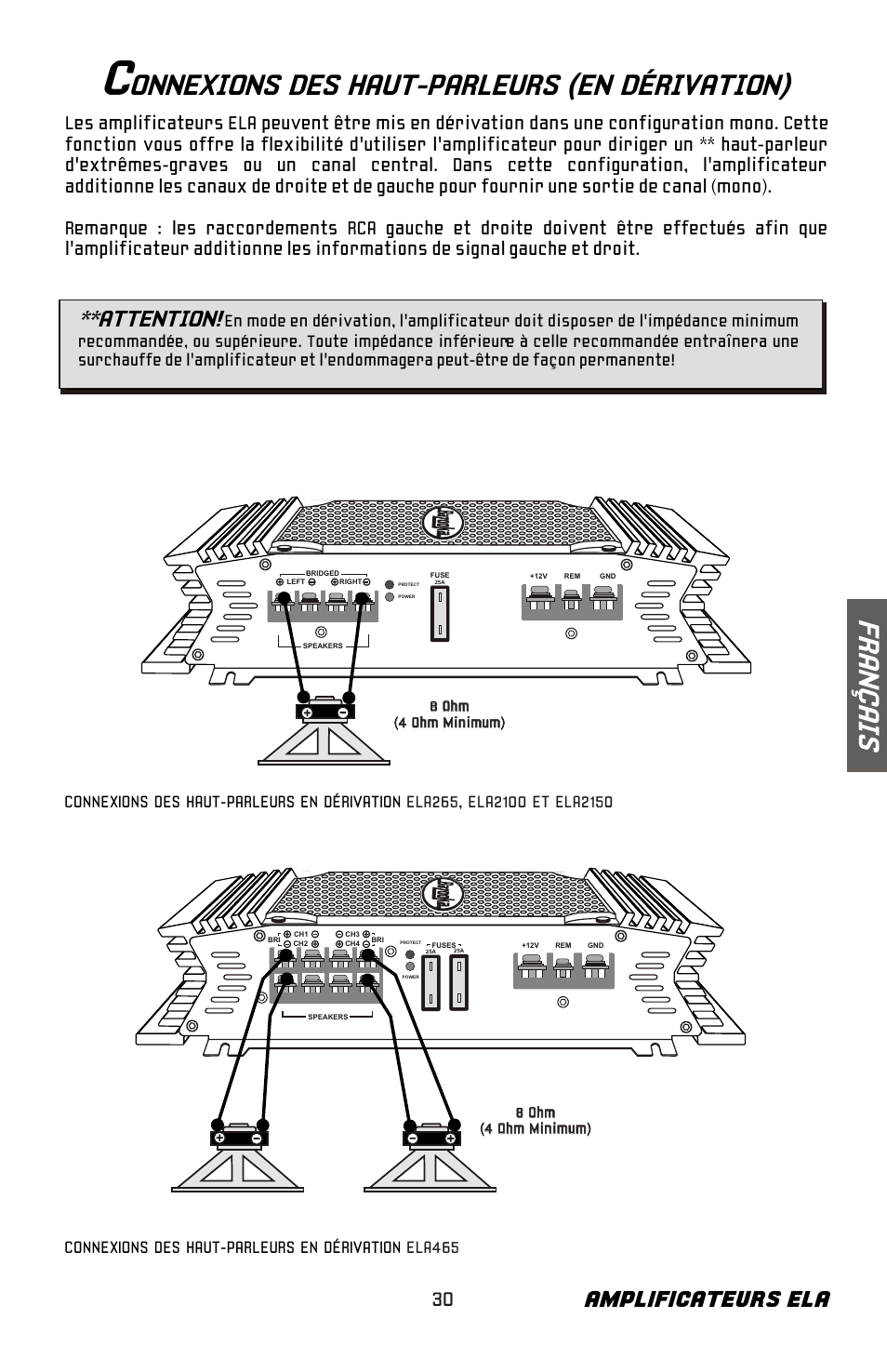 Onnexions des haut-parleurs (en dérivation), Fr an ç ai s, Amplificateurs ela | Attention | Bazooka ELA265 User Manual | Page 31 / 60