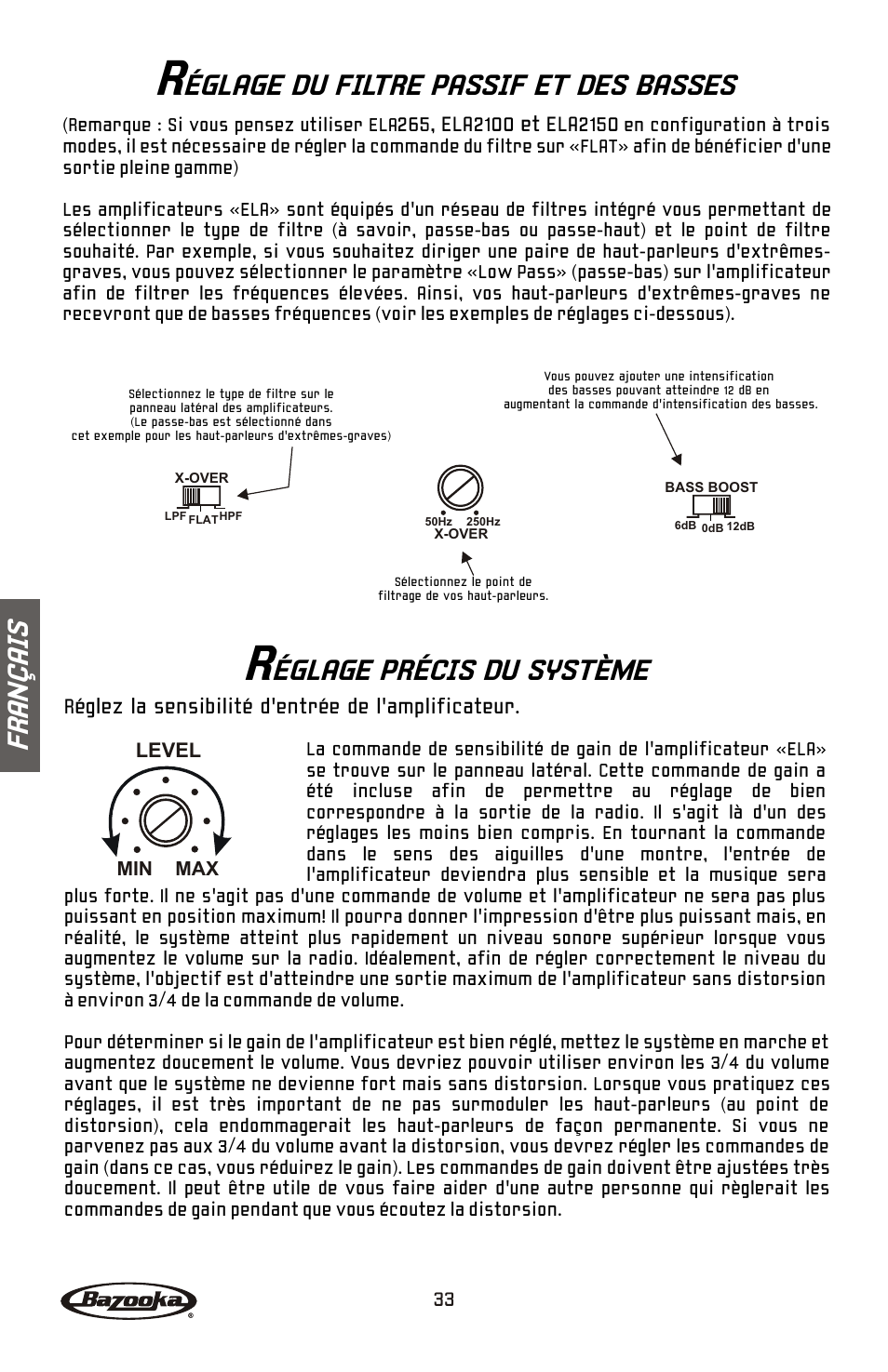 Églage du filtre passif et des basses, Églage précis du système, Fr an ç ai s | Bazooka ELA265 User Manual | Page 34 / 60