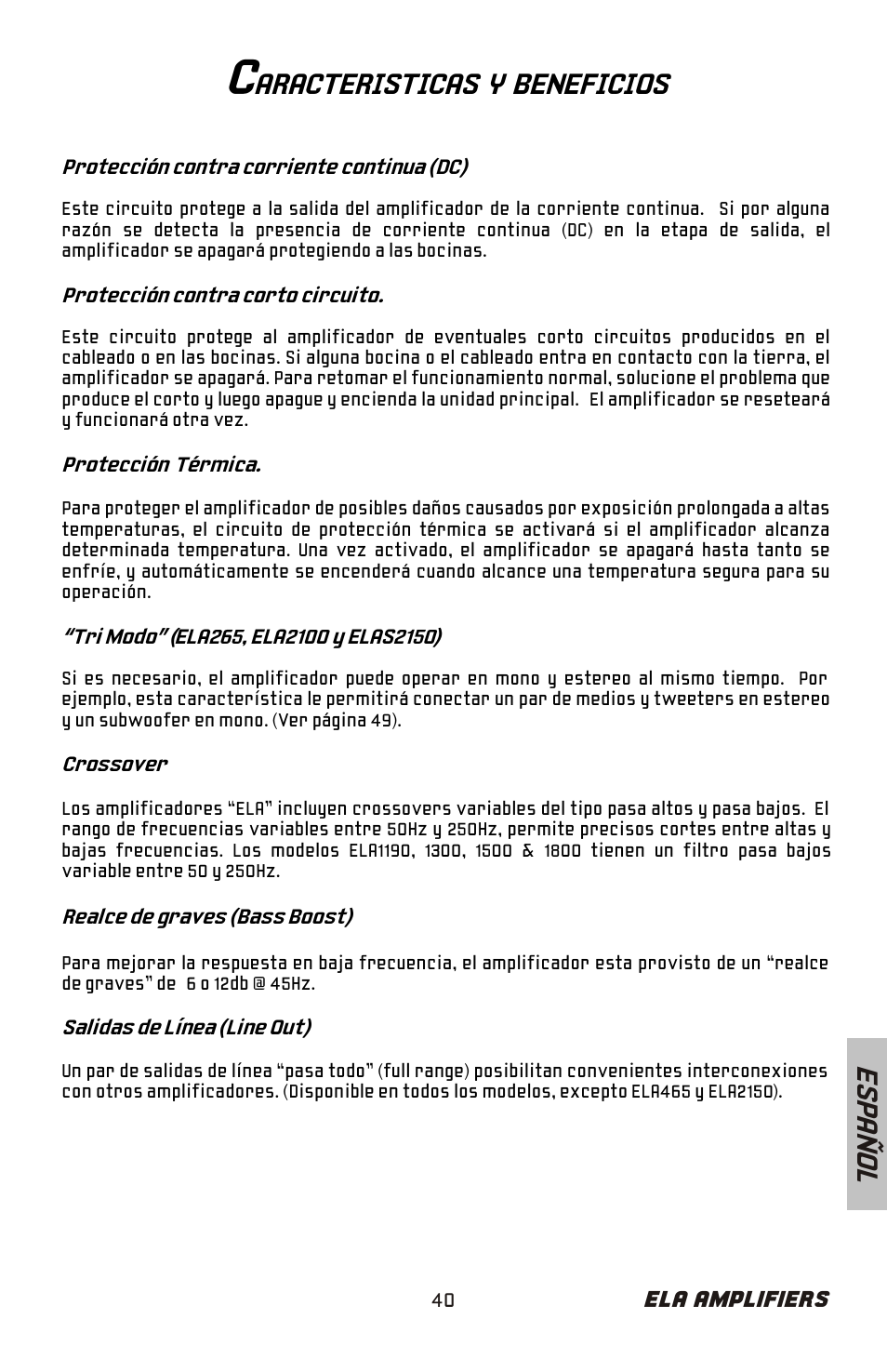 Aracteristicas y beneficios, Es pa ñ o l | Bazooka ELA265 User Manual | Page 41 / 60