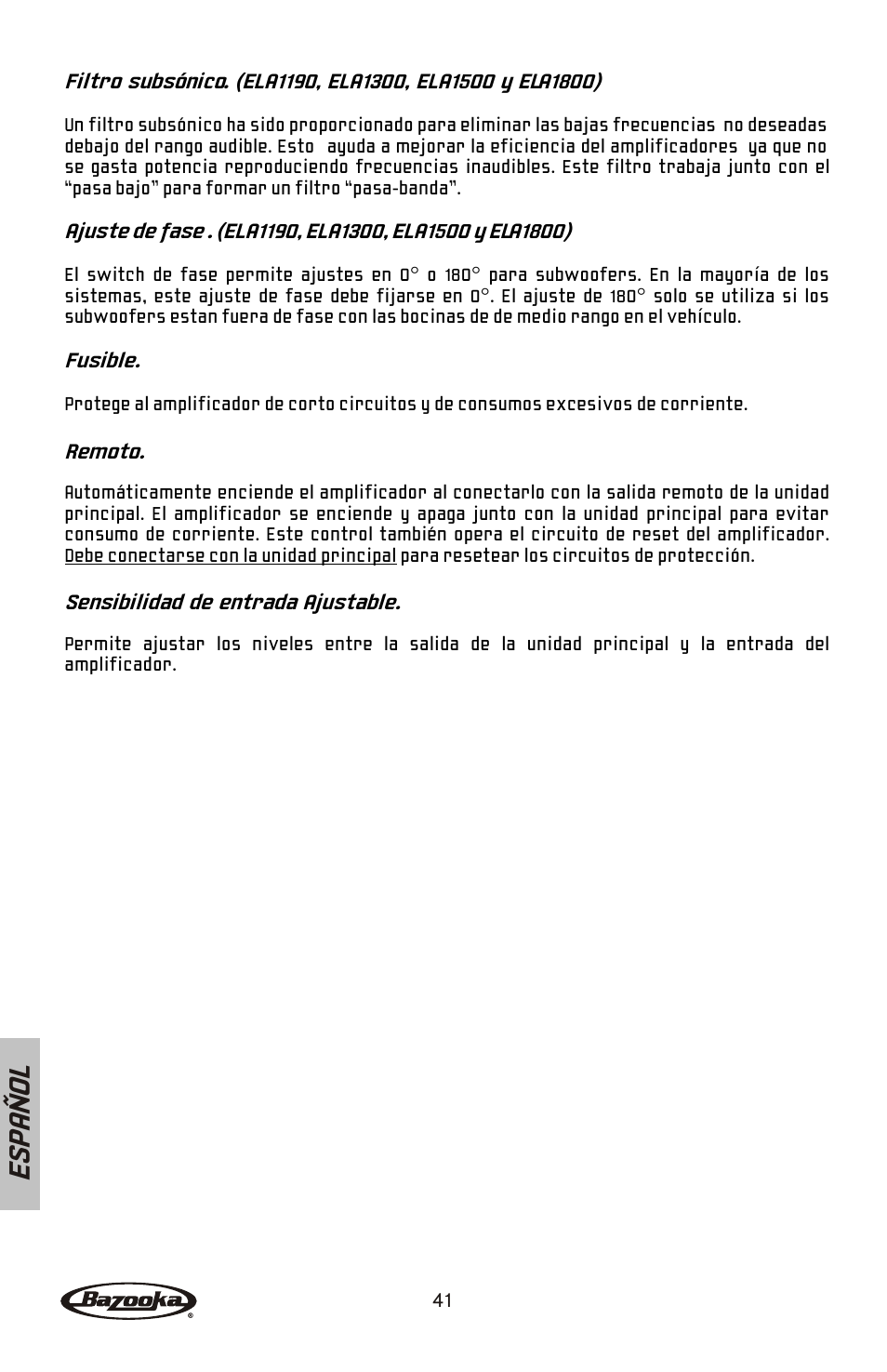 Es pa ñ o l | Bazooka ELA265 User Manual | Page 42 / 60