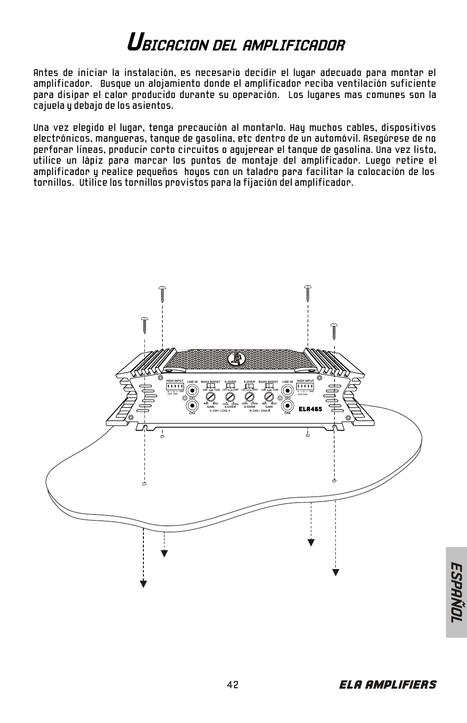 Bicacion del amplificador, Es pa ñ o l, Ela amplifiers | Bazooka ELA265 User Manual | Page 43 / 60