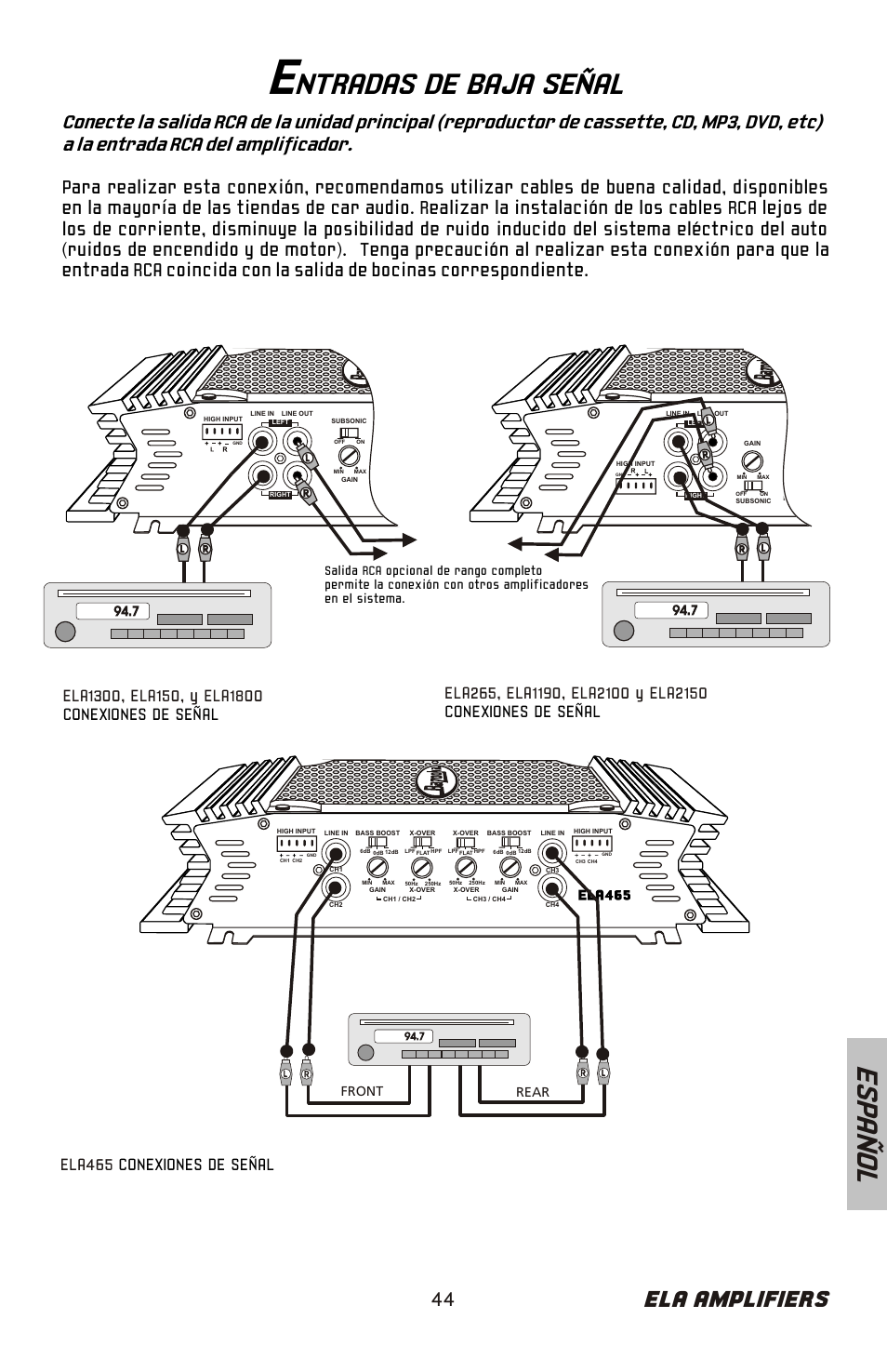 Ntradas de baja señal, Es pa ñ o l, Ela amplifiers | Front rear | Bazooka ELA265 User Manual | Page 45 / 60