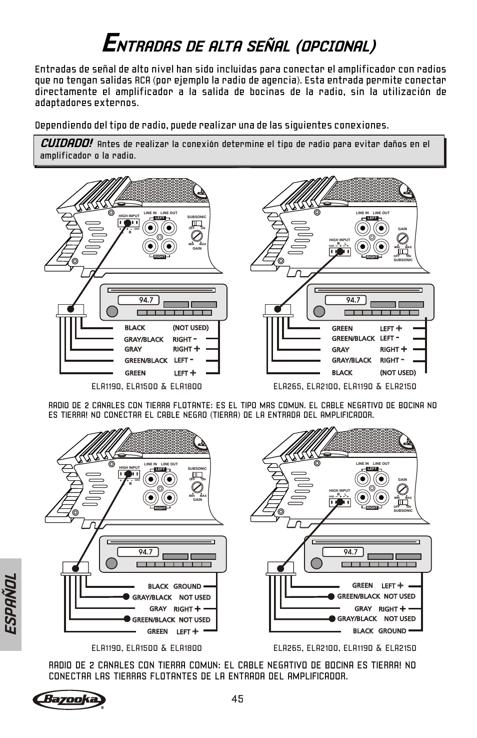 Ntradas de alta señal (opcional), Es pa ñ o l, Cuidado | Bazooka ELA265 User Manual | Page 46 / 60