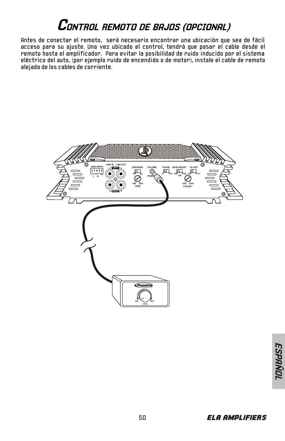 Ontrol remoto de bajos (opcional), Es pa ñ o l, Ela amplifiers | Bazooka ELA265 User Manual | Page 51 / 60