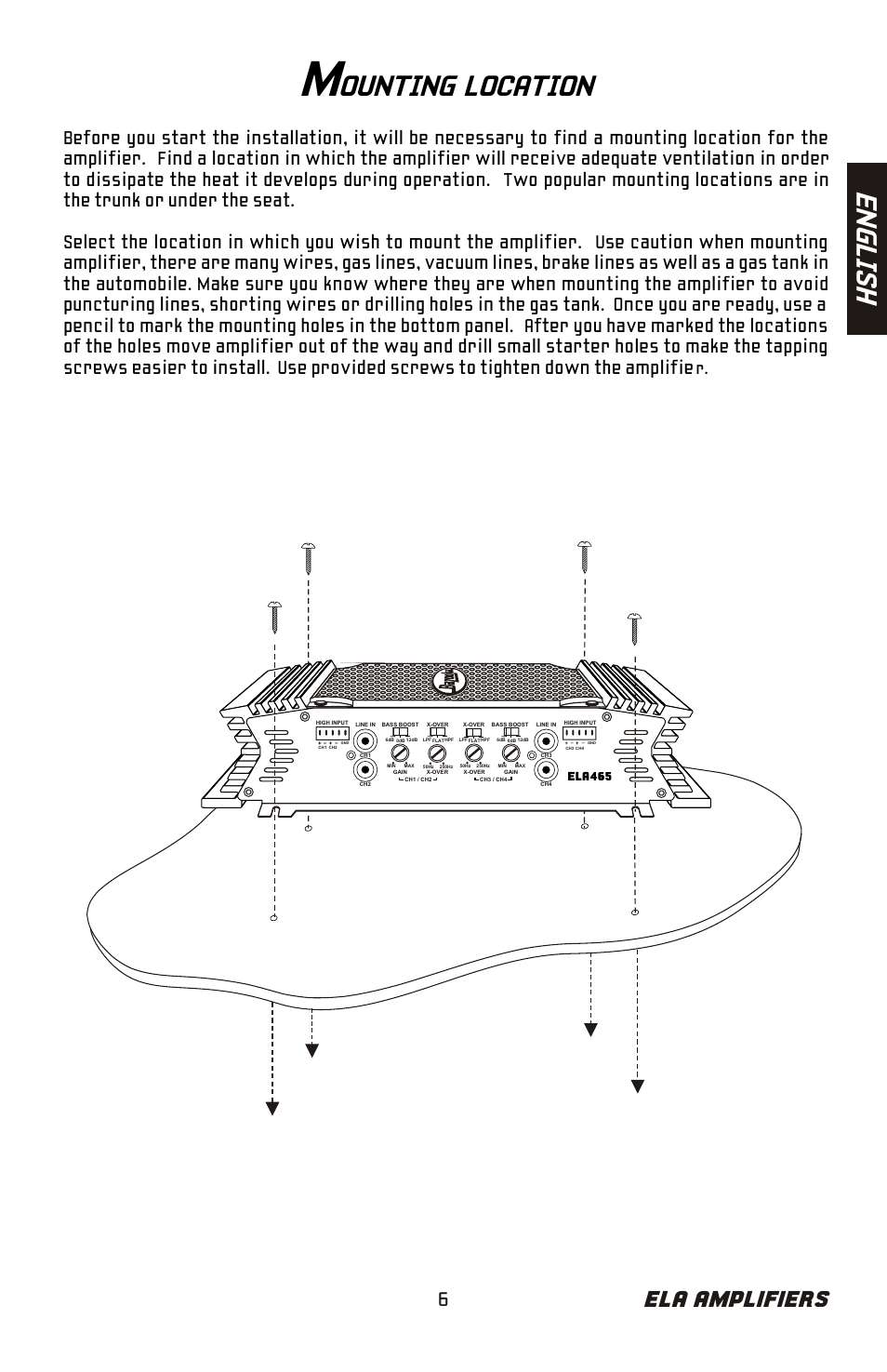 Ounting location, En gl is h, Ela amplifiers | Bazooka ELA265 User Manual | Page 7 / 60