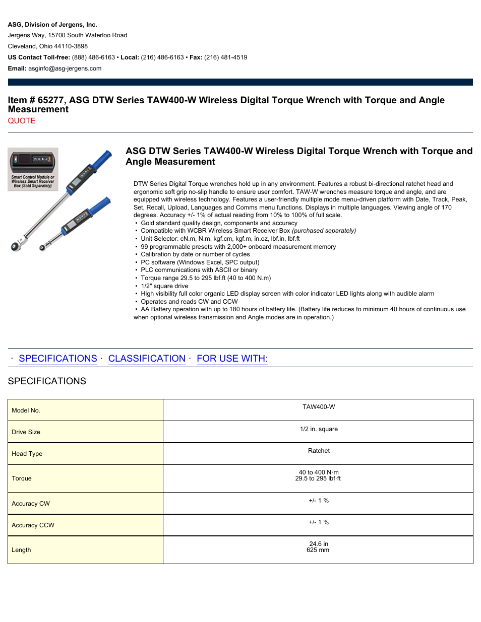 ASG Jergens 65277 TAW400-W User Manual | 2 pages