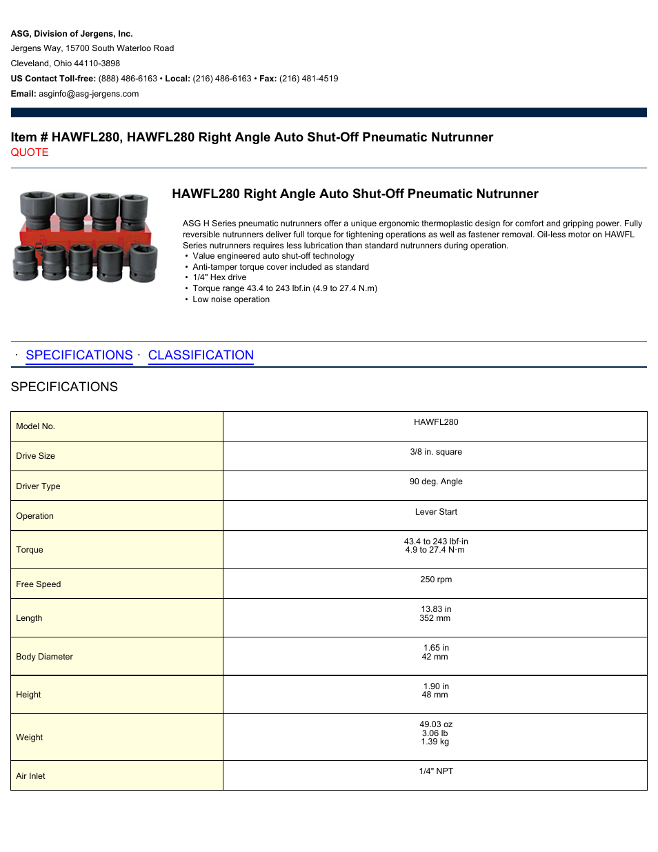 ASG Jergens HAWFL280 User Manual | 2 pages