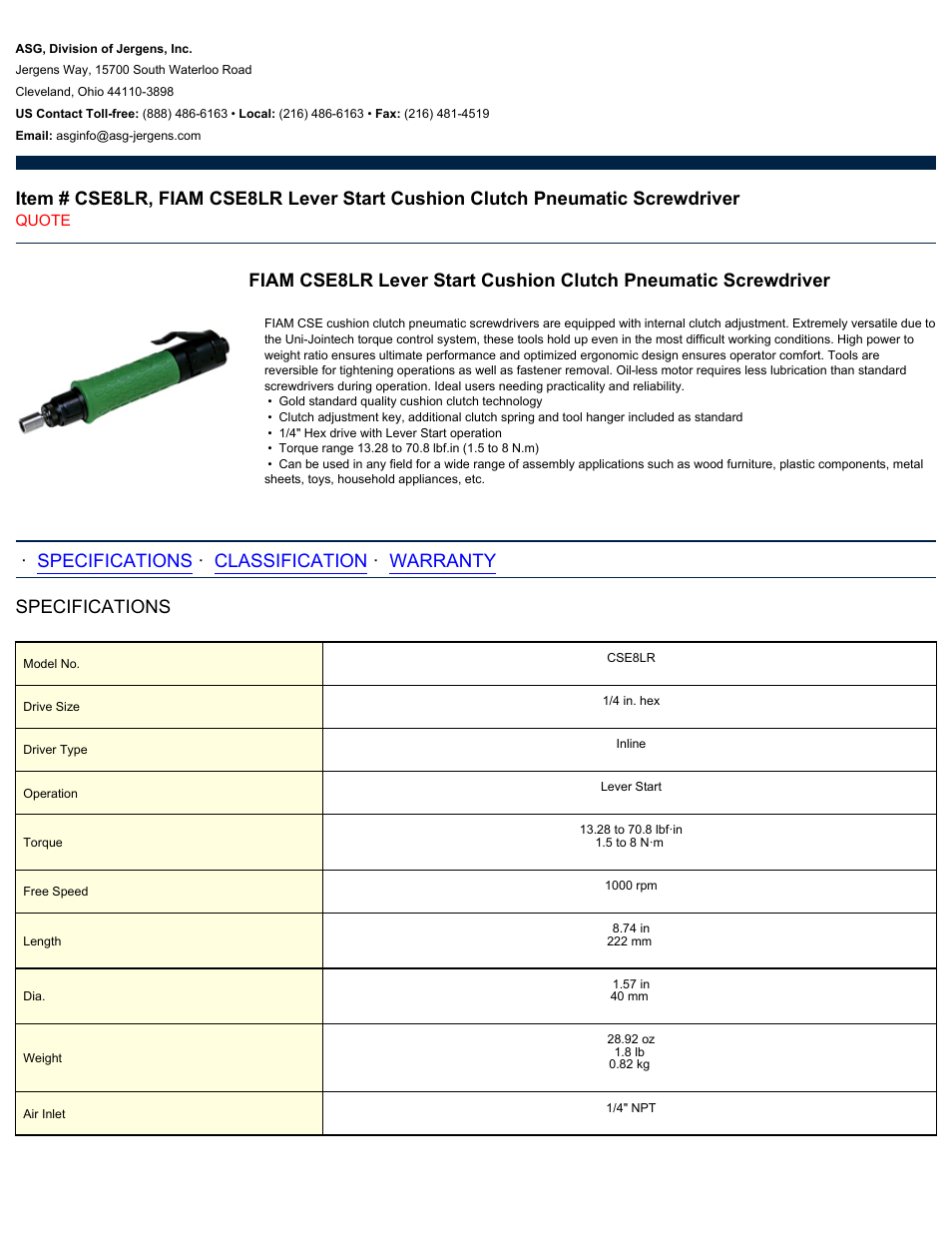 ASG Jergens CSE8LR User Manual | 2 pages