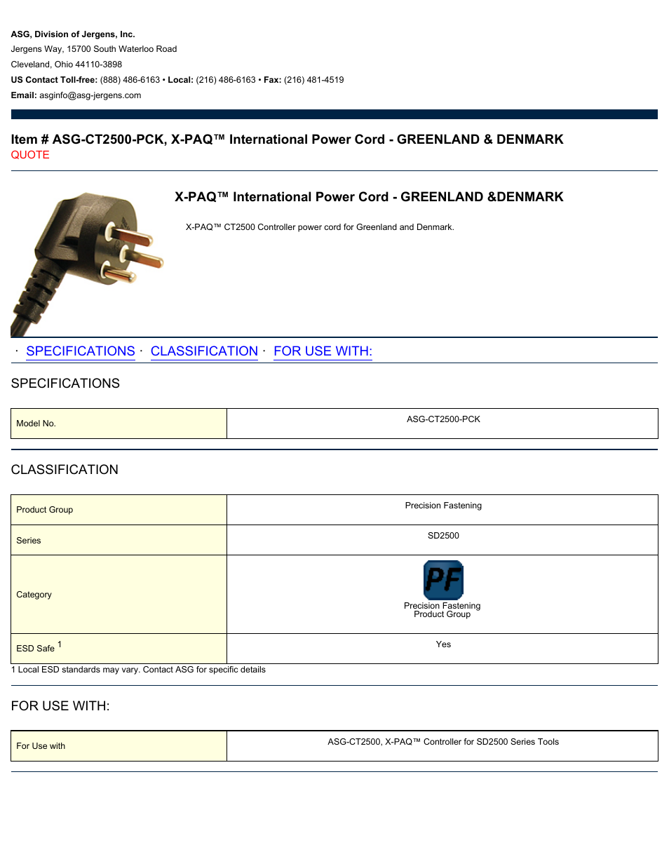 ASG Jergens ASG-CT2500-PCK Power Cord - GREENLAND & DENMARK User Manual | 1 page