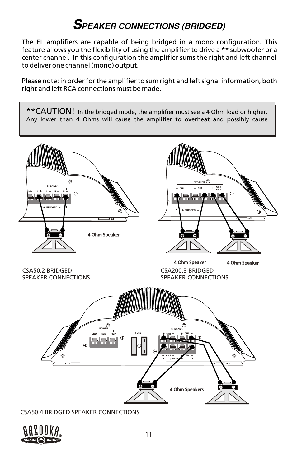 Peaker connections (bridged), Caution | Bazooka CSA50.4 User Manual | Page 12 / 20