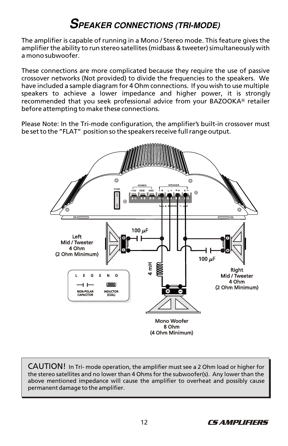 Caution, Peaker connections (tri-mode) | Bazooka CSA50.4 User Manual | Page 13 / 20
