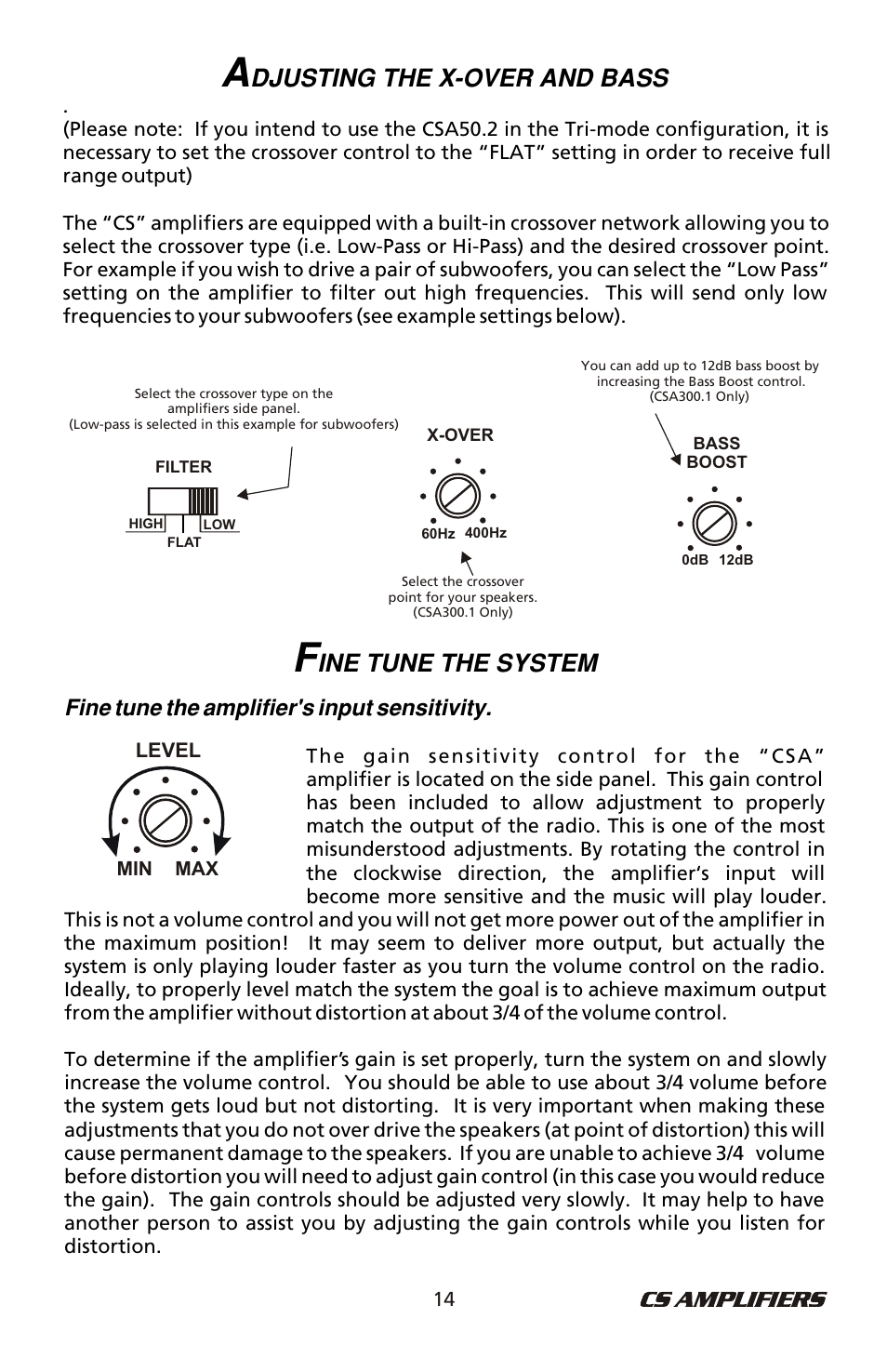 Djusting the x-over and bass, Ine tune the system, Fine tune the amplifier's input sensitivity | Bazooka CSA50.4 User Manual | Page 15 / 20