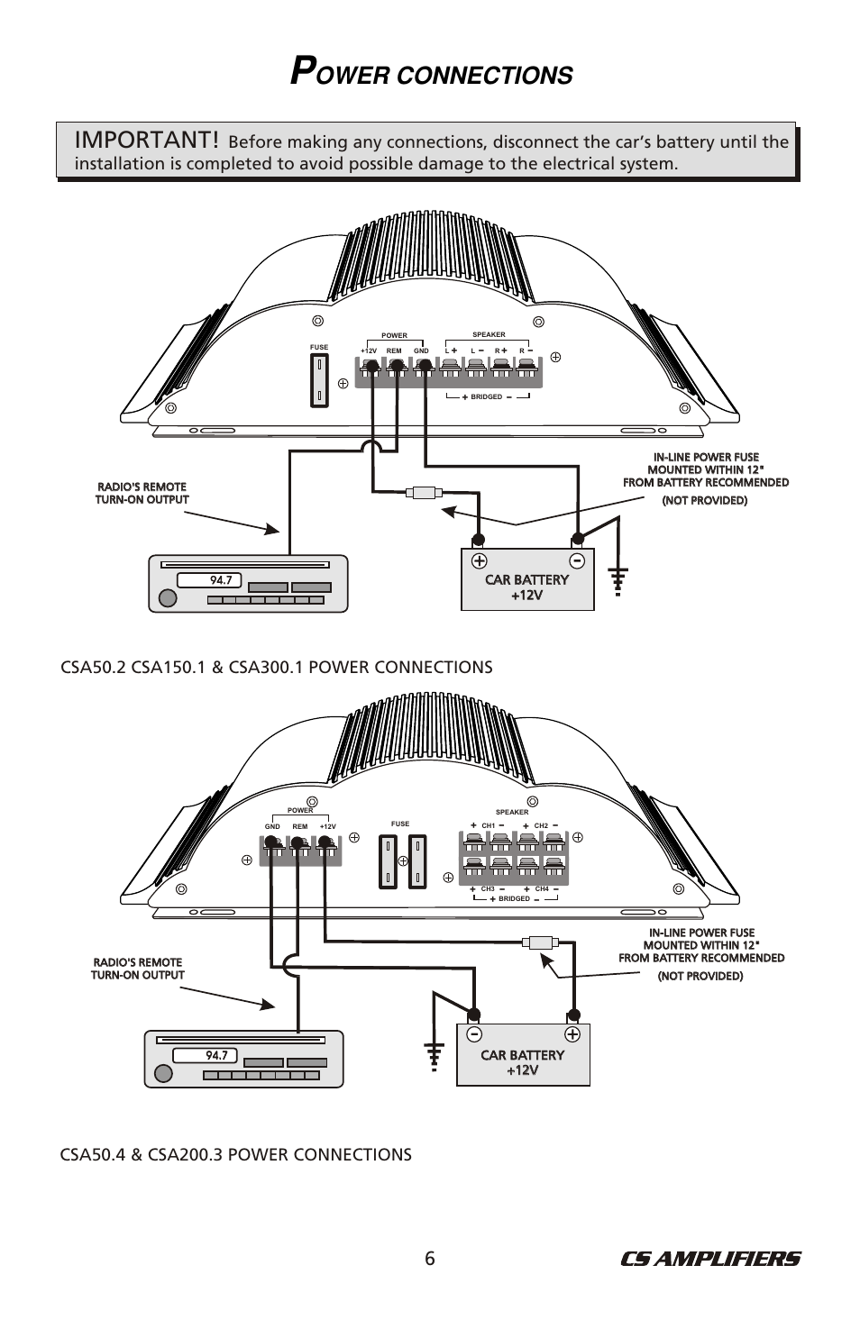 Ower connections important | Bazooka CSA50.4 User Manual | Page 7 / 20