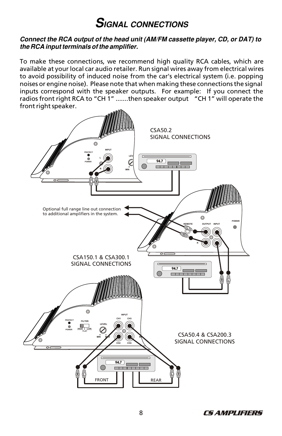 Ignal connections, Csa50.2 signal connections, Front rear | Bazooka CSA50.4 User Manual | Page 9 / 20