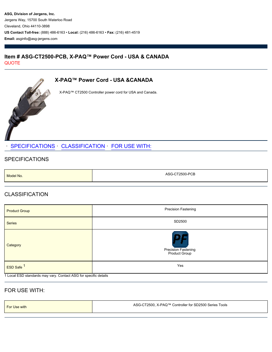 ASG Jergens ASG-CT2500-PCB Power Cord - USA & CANADA User Manual | 1 page