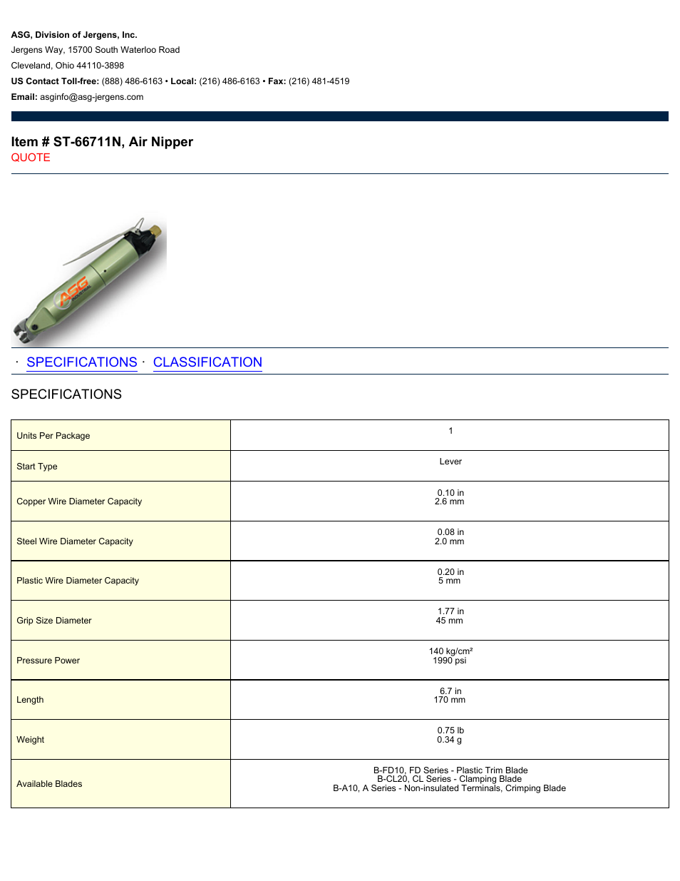 ASG Jergens ST-66711N Air Nipper User Manual | 2 pages