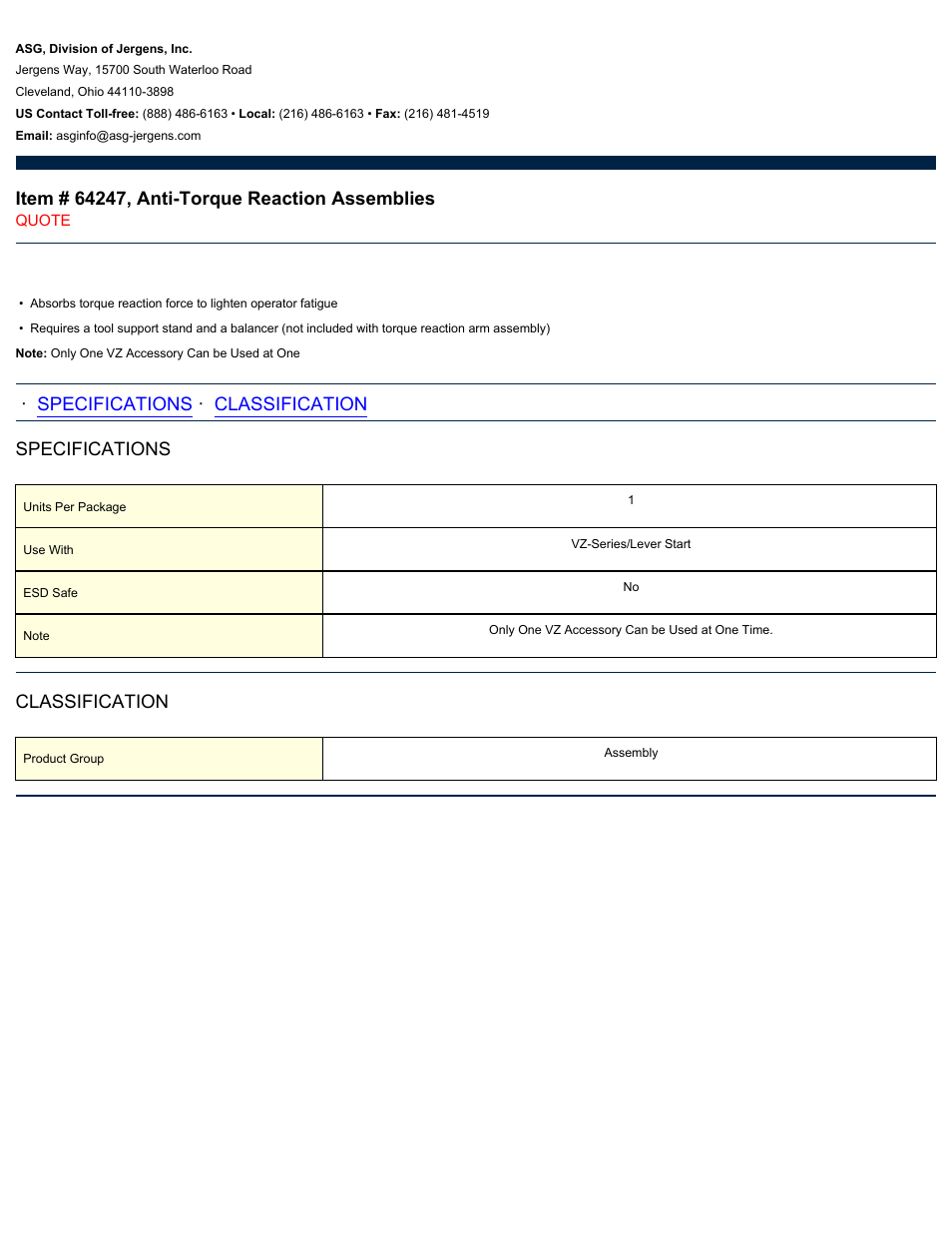 ASG Jergens 64247 Anti-Torque Reaction Assemblies User Manual | 1 page