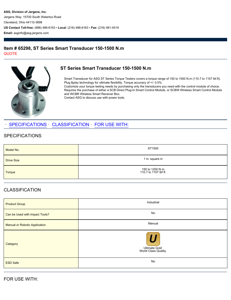 ASG Jergens 65298 ST Series Smart Transducer 150-1500 N.m User Manual | 2 pages